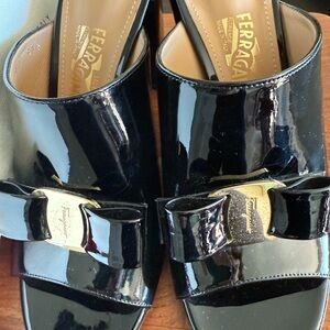 Salvatore Ferragamo Black Patent Mules with Gold Bow